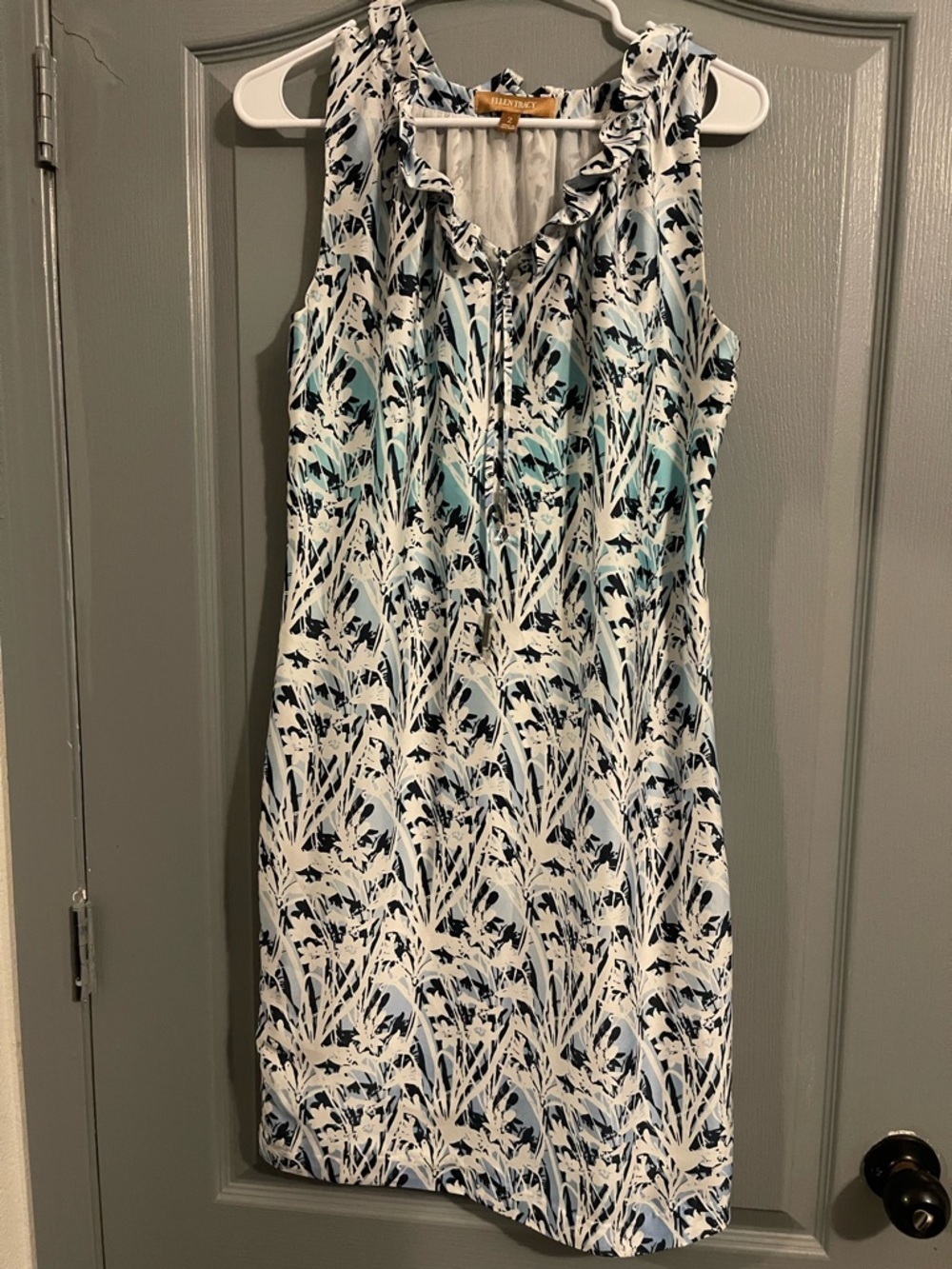 Ellen Tracy White and Blue Printed Ruffle Neck Midi Dress